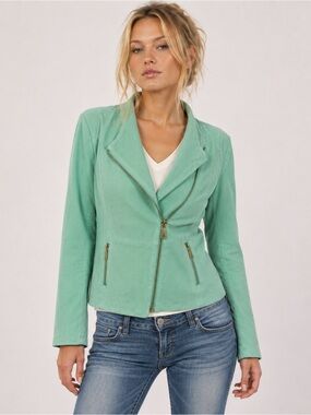 Queen Collection Mint Green Perforated Leather Moto Jacket Biker Womens Size L
